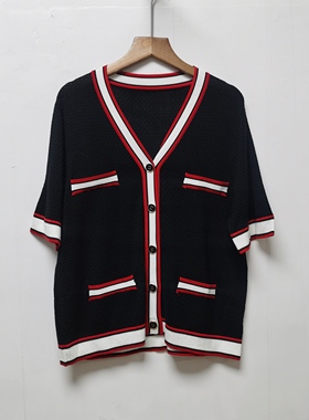 设计师样版无标春夏70%羊毛减龄撞色条纹V领小香短袖针织开衫3275