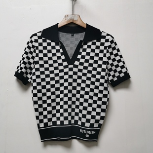 百搭简约翻领针织弹力短袖 时尚 上衣L335 去标2025春夏季 O撤柜女装