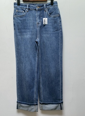 2025春秋新款去标时尚百搭显瘦直筒阔腿裤宽松蓝色九分牛仔裤P364