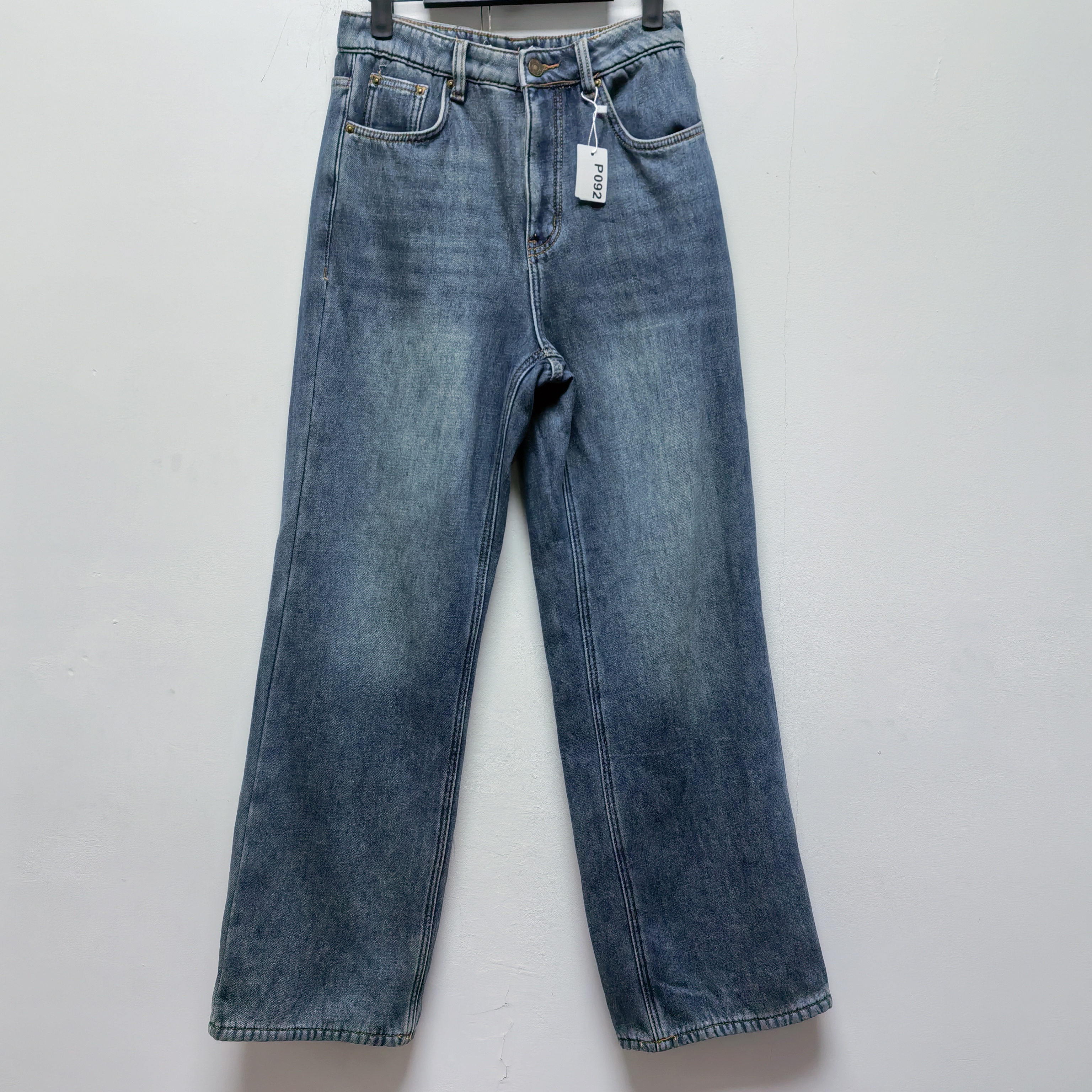 2025春秋新款去标加绒时尚百搭显瘦直筒阔腿裤宽松蓝色牛仔裤P092