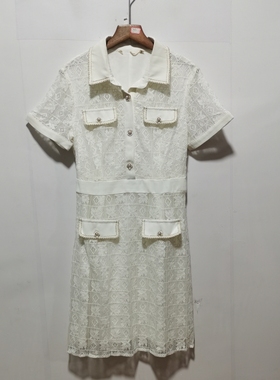 艺系列去标春夏新款清新淑女田园风翻领中长款蕾丝拼接连衣裙L216