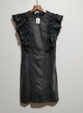 品牌去标荷叶边小飞袖天丝牛仔连衣裙春装新款复古中长连身裙J109