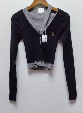 T去标撤柜设计感秋冬款女装休闲时尚假两件V领针织开衫外套I679