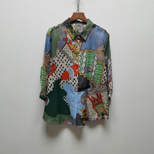 新款 商场同款 2025夏季 七分袖 复古风印花宽松休闲衬衣728 花色衬衫