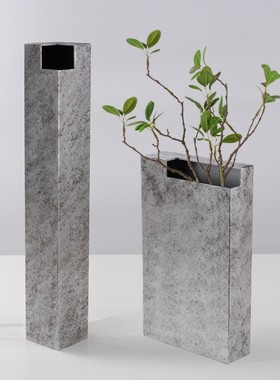 轻奢复古几何切口方管花器摆件样板房售楼处客厅插花装花瓶装饰品