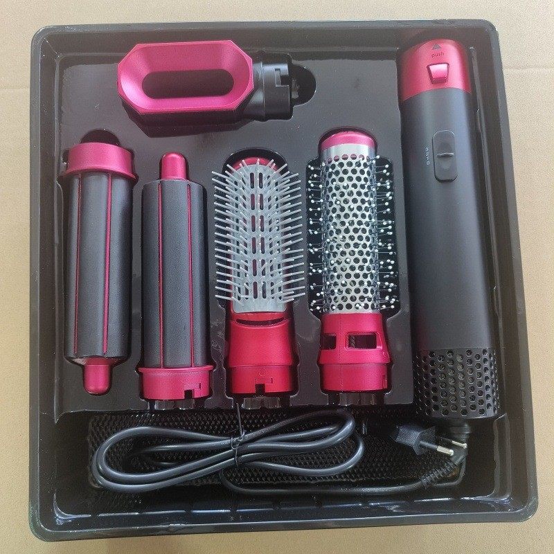 新款中国红五合一热风梳电动卷发棒干湿两用自动吸发直发梳吹风机