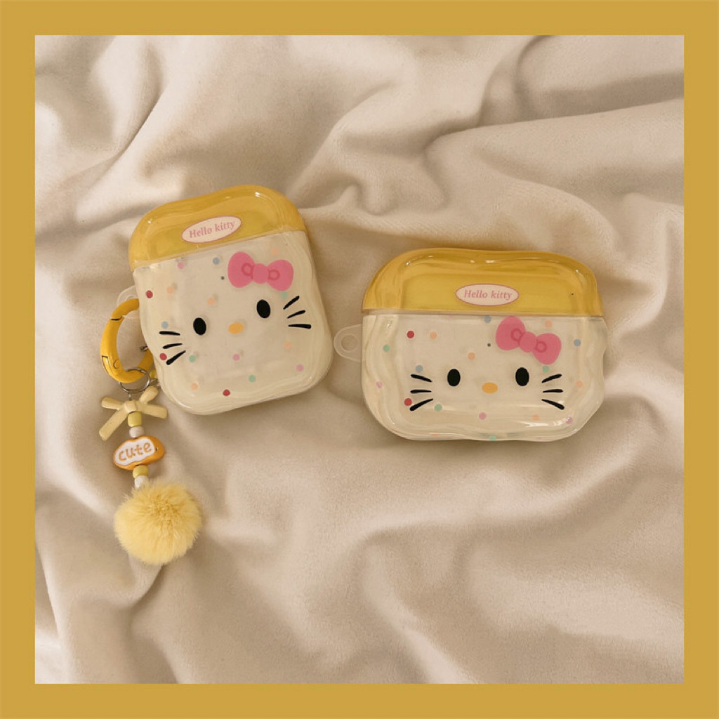 可爱表情黄色HelloKitty适用airpods1/2代耳机壳带挂件防摔防丢苹果耳机保护壳airpodspro无线蓝牙耳机保护套