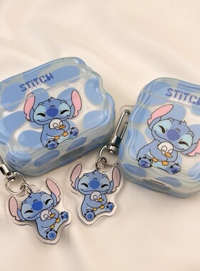 可爱蓝色抱小鸭史迪奇适用airpodspro2保护壳苹果airpods3卡通硅胶airpods4耳机套无线蓝牙耳机盒全包边防摔