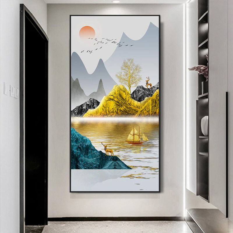 开门见山玄关画家庭走廊尽头壁画过道竖版挂画新中式客厅中国风大