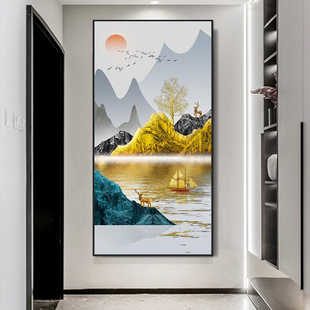 开门见山玄关画家庭走廊尽头壁画过道竖版挂画新中式客厅中国风大