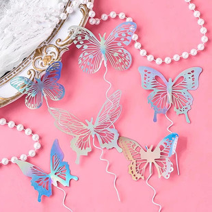 蝴蝶蛋糕装饰插件白色幻彩镂空摆件网红ins女神生日甜品烘焙插牌