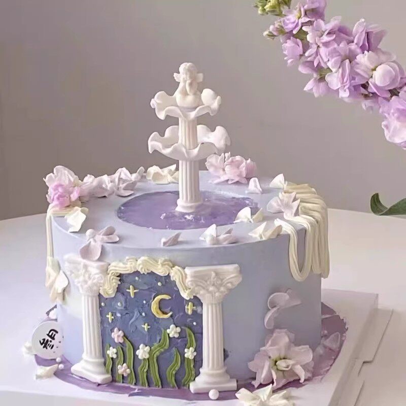 包邮许愿池小天使生日蛋糕装饰摆件复古罗马柱翻糖巧克力硅胶模具
