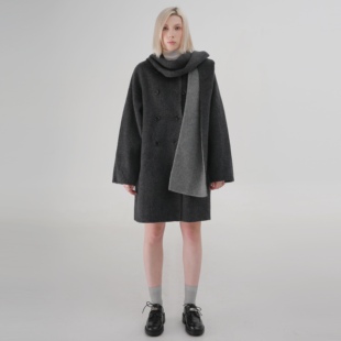 ease the label【牦牛绒连帽围巾大衣】韩版双排扣气质中长款外套