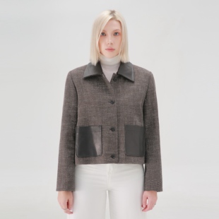 ease the label【真皮格纹短外套】复古时尚轻奢翻领百搭小香风