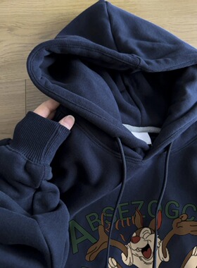 100%纯棉藏青色重磅连帽卫衣男女美式复古宽松Oversize上衣外套潮