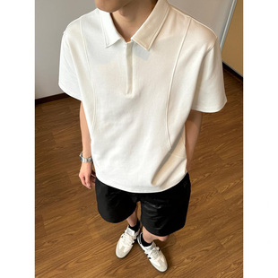 夏季 男款 液氨棉解构潮流痞帅翻领宽松T恤上衣 POLO衫 半拉链短袖