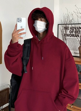 100%纯棉连帽卫衣男秋冬款ins潮牌纯色宽松酒红复古重磅男装外套