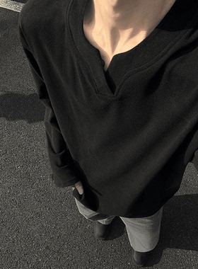 德绒V领卫衣男秋冬保暖内搭打底衫加绒加厚400克重磅潮男痞帅百搭