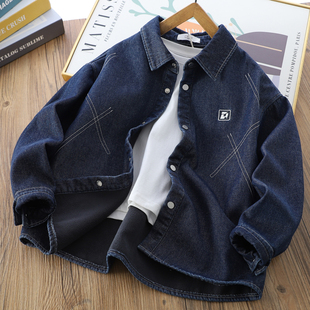 男童秋冬加绒牛仔衬衫 中大童保暖上衣中大童男孩衬衣加厚外套 冬季