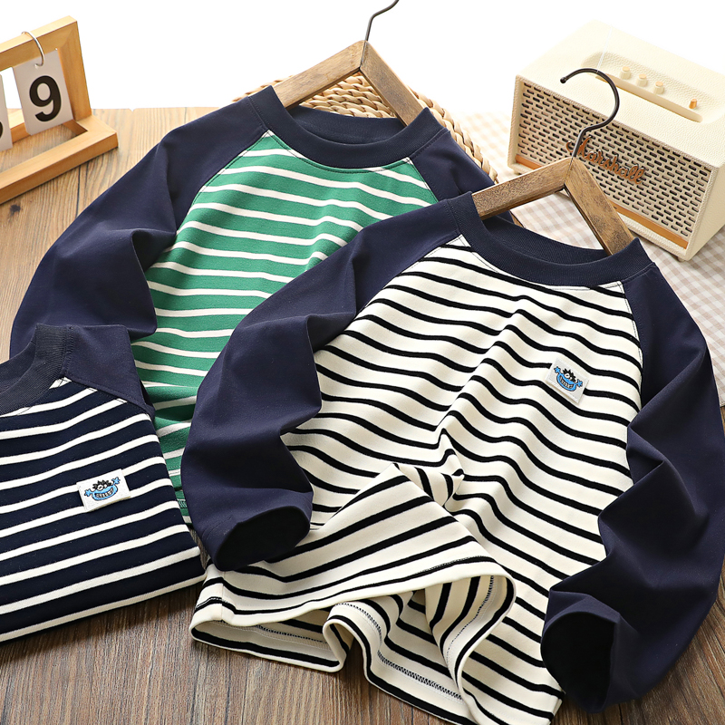 男童条纹长袖T恤春秋季2025款儿童洋气插肩上衣袖男孩时髦打底衫