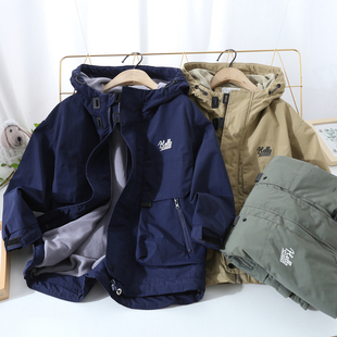 男童加绒外套秋冬季工装中大童帅气大口袋冲锋衣连帽儿童装防风潮