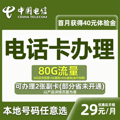 电信星卡流量版电信星卡80G套餐本地卡电信大王卡可选归属地好号