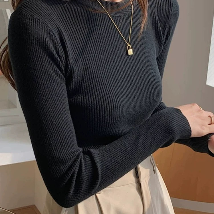 显瘦正肩圆领针织打底衫女秋冬修身紧身毛衣内搭长袖t恤黑色上衣