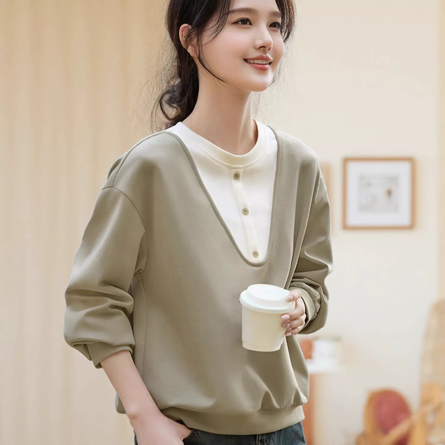 假两件卫衣女士初秋季外穿外套冬款宽松慵懒风美式配阔腿裤的上衣