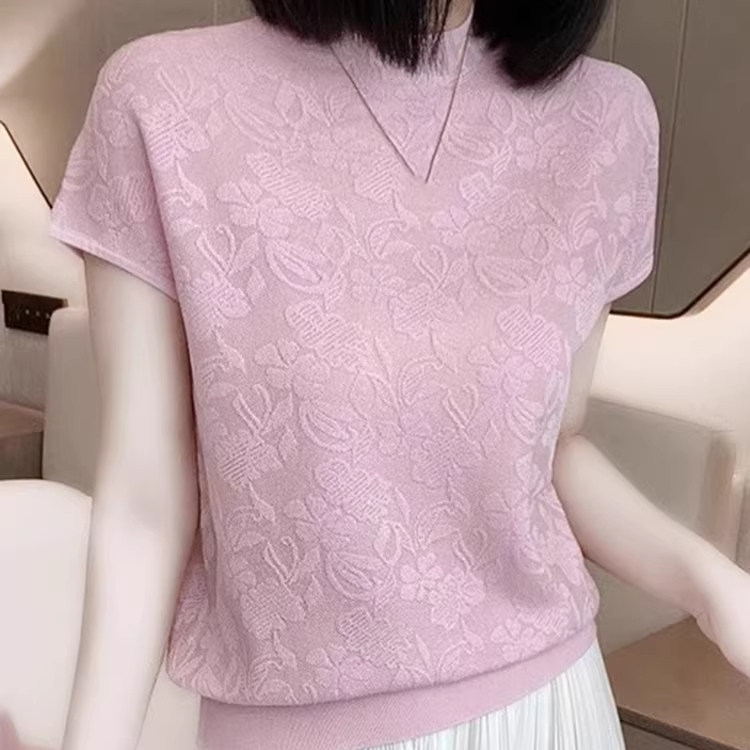 法式提花设计感圆领上衣百搭冰丝针织衫显瘦宽松休闲时尚粉色短袖