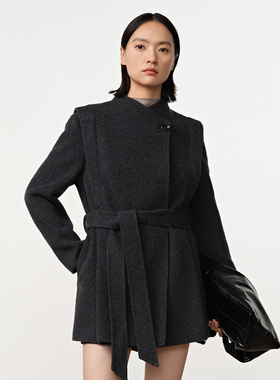 Dekashell/迪卡轩2025冬季新款灰色绵羊毛呢大衣中长款上衣骆驼绒