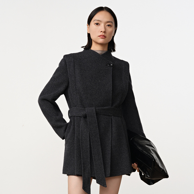 Dekashell/迪卡轩2025冬季新款灰色绵羊毛呢大衣中长款上衣骆驼绒