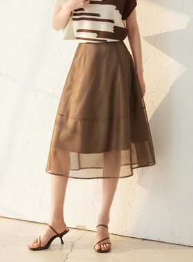 Dekashell/迪卡轩2025夏季新款高腰显瘦网纱中长款半身裙女半裙子