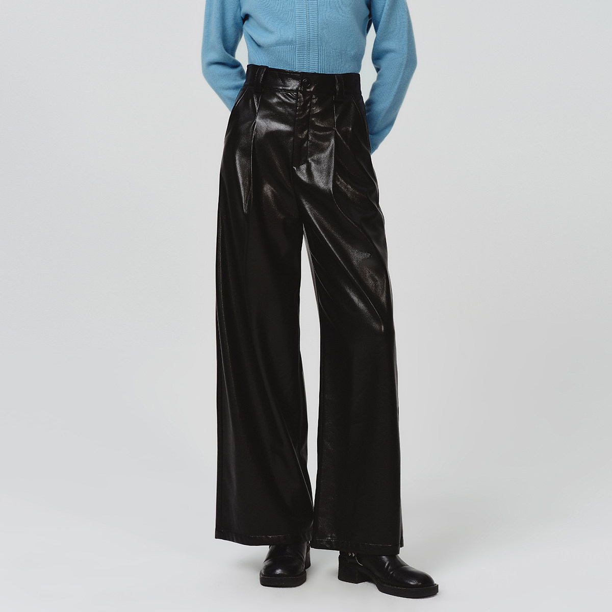 Dekashell/迪卡轩2025冬季新款皮裤高腰阔腿垂感PU皮宽松拖地dp