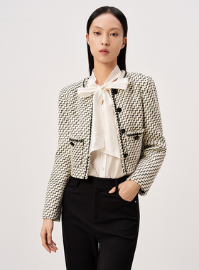 Dekashell/迪卡轩2025春季新款黑白条纹设计含羊毛女士短外套上衣