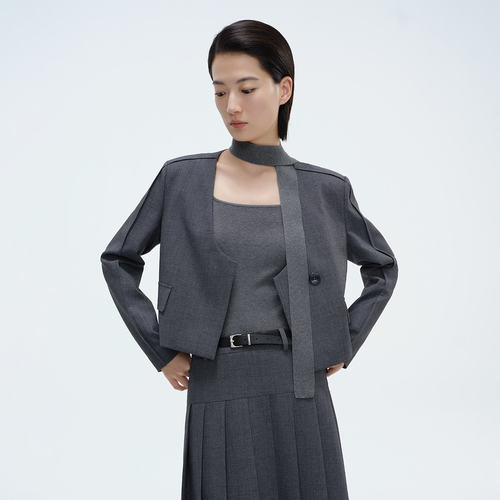 Dekashell/迪卡轩2026春季新款短款西装女灰色外套气质职场通勤