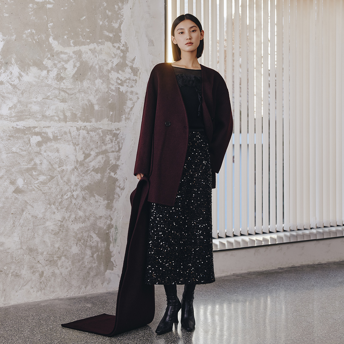 Dekashell/迪卡轩2025冬季新款女士双面呢大衣V领毛呢外套