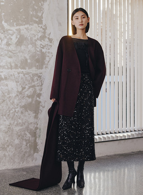 Dekashell/迪卡轩2025冬季新款女士双面呢大衣V领毛呢外套