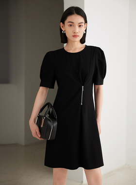 Dekashell/迪卡轩短袖连衣裙黑色气质通勤风收腰显瘦2025夏季新款