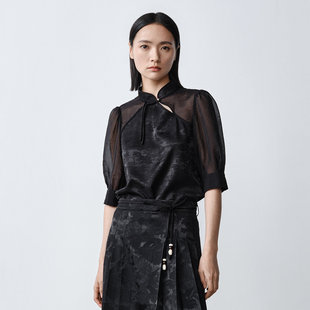 Dekashell/迪卡轩2025秋季新款衬衫新中式盘扣拼接上衣女