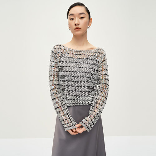 Dekashell/迪卡轩2025年夏季新款套头镂空针织衫设计感女针织上衣