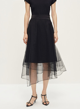 Dekashell/迪卡轩2025夏季新款半身裙黑色气质不对称网纱裙女