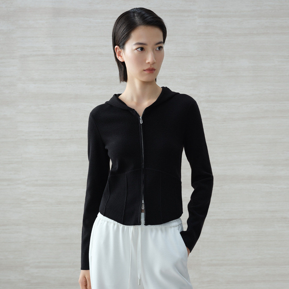 Dekashell/迪卡轩2026春季新款连帽双拉链针织开衫修身卫衣外套