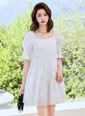 【清仓价】Dekashell/迪卡轩极简风方领连衣裙泡泡袖白色显瘦裙女