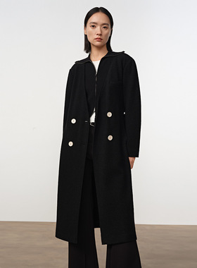 Dekashell/迪卡轩2025冬季新款西装式双排扣羊毛长款大衣女毛呢dp