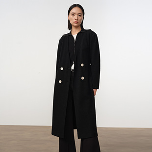 Dekashell/迪卡轩2025冬季新款西装式双排扣羊毛长款大衣女毛呢dp