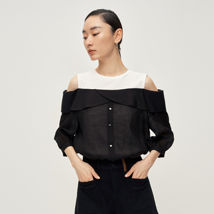 Dekashell/迪卡轩2025夏季新款衬衫假两件撞色拼接露肩设计