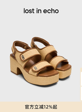 lost in echo2025年夏季新款度假风双条带草编厚底增高粗跟凉鞋女