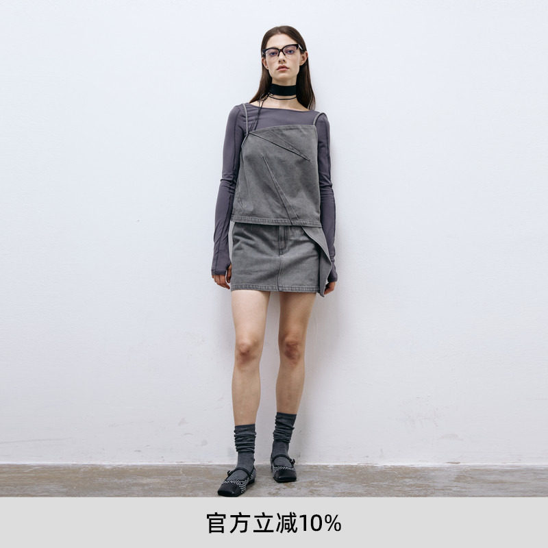 lost in echo春夏时尚短款灰色直身牛仔吊带内搭背心A字