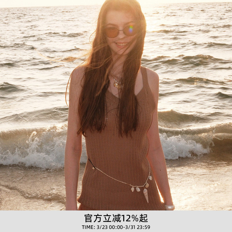 lost in echo春夏度假风针织手工钩花镂空透气修身显瘦长连衣裙女