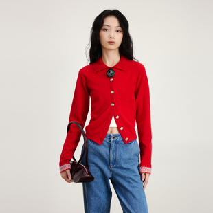 保暖羊毛开衫 echo2026早春新款 圣诞红三角图案修身 女 时尚 lost